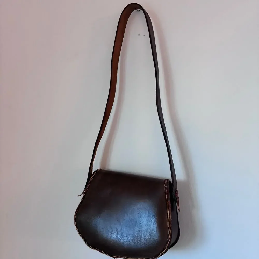 Vintage Handmade Brown Leather Saddle Bag Crossbody | Boho Western Artisan Purse - Picture 11 of 16